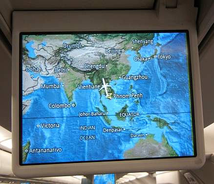 In-flight monitor showing flight path to Vientiane